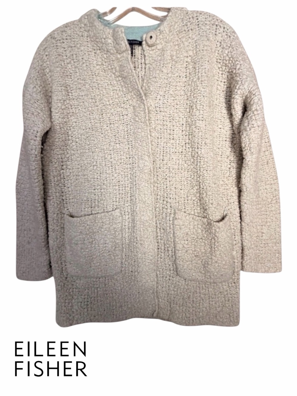 Eileen Fisher Bouclé Wool Blend Knit Jacket Coat Cream XS